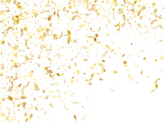 Holiday realistic gold confetti flying on black background.