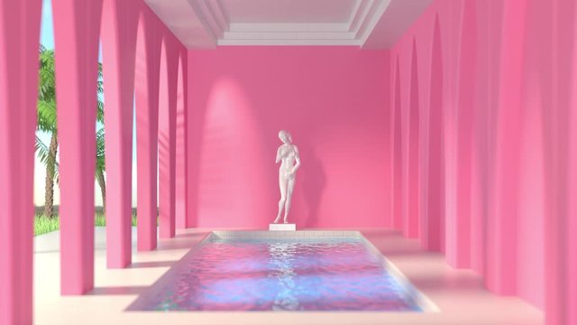 Swimming pool at sunny day. Modern design background with pink and blue colors.