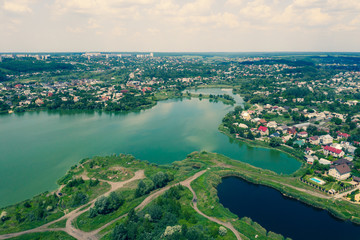 Aeirial view village with lake from high