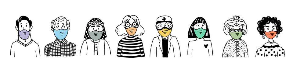 Coronavirus horizontal banner or cover. Novel coronavirus covid-19, people in medical face masks. Spread of the virus, pandemic. Vector flat style illustration.