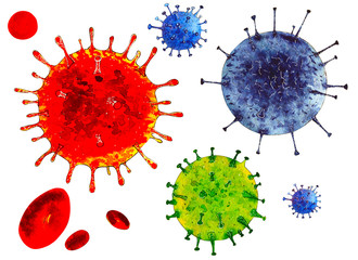 set, collection hand drawn watercolor virus illustration: coronavirus 2019-nCoV. different stains, isolated.