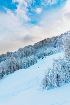 Ski resort panorama, chair lift going upstairs with unrecognizable riders on it,  view on great snowy mountains in sunny day, blue sky backwards. Horizontal picture with back light. Actual lifestyle.