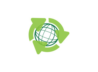 recycling arrow and globe, green earth environmental for logo design illustration on white background