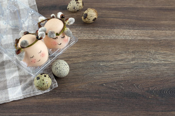 Easter holiday concept with cute handmade eggs, set of kawaii cute eggs with wreaths Easter egg. Place for text