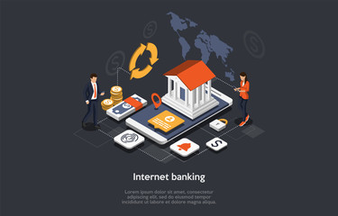 Isometric Internet Banking Concept. People Use Mobile Banking Application. Online Payment Security Transaction. Business Characters Transfer Money Online, Make Payments. Cartoon Vector Illustration