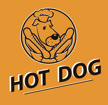 Image of a dog holding a sausage in its paws. Logo for fast food cafe.
