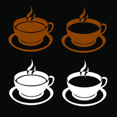 Cups with a hot drink on a saucer. A mug with a fragrant coffe above which steam rises