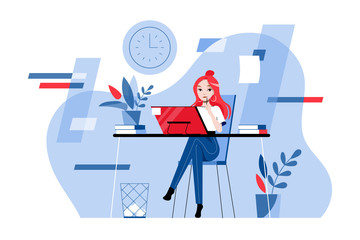 Creativity, Brainstorming, Innovation And Teamwork Concept. Smiling Secretary Businesswoman in Formal Wear Is Working On The Computer In The Office. Cartoon Linear Outline Flat Vector Illustration