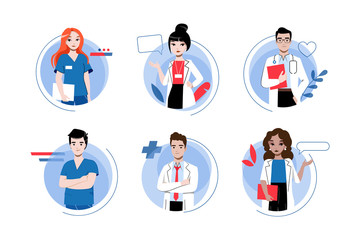 Healthcare And Medicine Concept. Team Of Doctors In Uniform Men And Women Icons Set. Medical Officers Are Ready To Consult And Treat Patients. Cartoon Linear Outline Flat Style. Vector Illustration