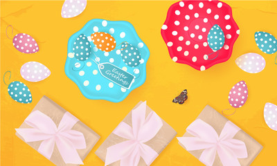 Easter Greetings banner with gift box, Easter Eggs, butterfly, plates with Easter Eggs on abstract background, holiday