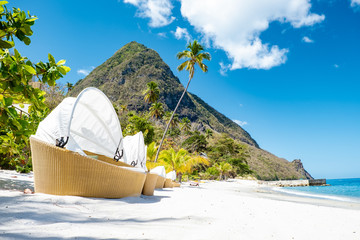 Sugar beach Saint Lucia , a public white tropical beach with palm trees and luxury beach chairs on the beach of the Island St Lucia Caribbean - obrazy, fototapety, plakaty