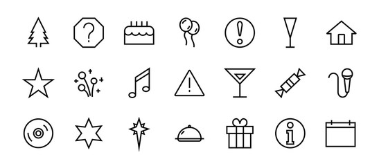  Simple set of celebration icons related to vector line. Contains icons such as music, new year, stars, balls, cake, karaoke, dj and much more. Editable stroke. 480x480