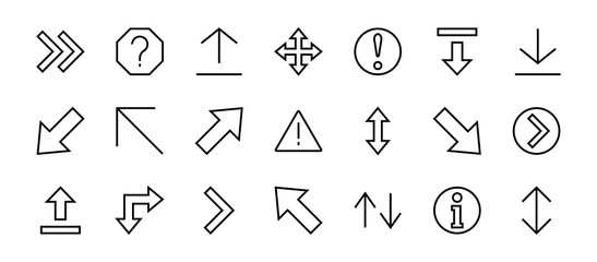 Set of line arrows, directions, arrows, contains icons such as pause, continuation, directly, to the right, Editable stroke. 480x480, On a white background, Vector illustration