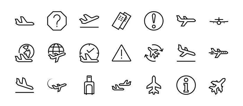  A simple set of airport related vector line icons. Contains badges such as departure, boarding, waiting time, boarding, find a place to travel tickets, and much more. Editable stroke. 48x48 pixels