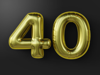 Golden balloon in shape of number 40. isolated. 3d illustration.