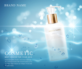 3D elegant cosmetic bottle container with shiny water glimmering background template banner.