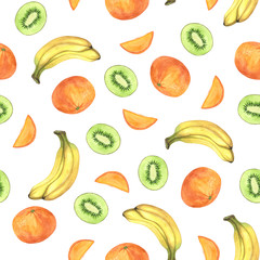 Seamless pattern with watercolor fruits isolated on white background. Summer fruits watercolor pattern. Jucie fruits pattern. Tropical background. 