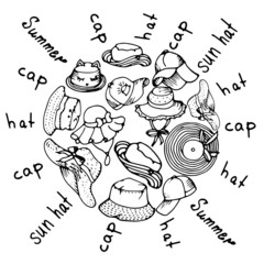 The composition of the sun from hats, panamok and caps in a doodle style.