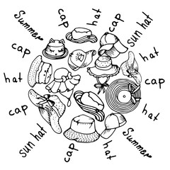 The composition of the sun from hats, panamok and caps in a doodle style.