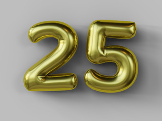Golden balloon in shape of number 25. isolated. 3d illustration.