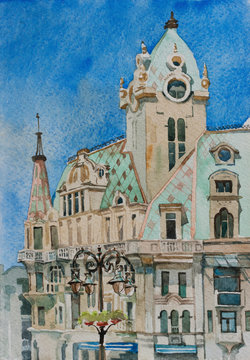View of Europe Square in Batumi, Georgia. Original watercolor landscape