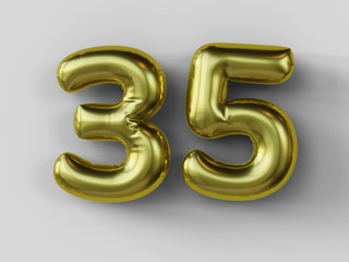 Golden balloon in shape of number 35. isolated. 3d illustration.
