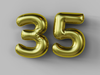 Golden balloon in shape of number 35. isolated. 3d illustration.
