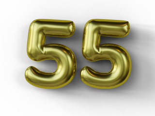 Golden balloon in shape of number 55. isolated. 3d illustration.