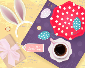 Easter Greetings banner with gift box, Easter Eggs, plate with Easter Egg, bunny ears, cup of coffee, napkin on abstract background, holiday