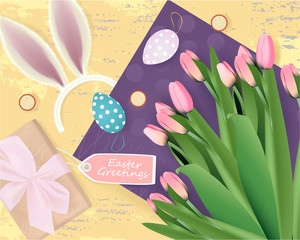Easter Greetings banner with gift box, Easter Eggs, bunny ears, tag on abstract background, holiday