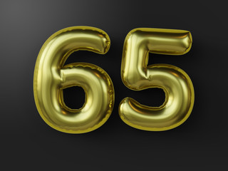 Golden balloon in shape of number 65. isolated. 3d illustration.