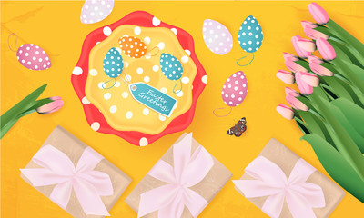 Easter Greetings banner with gift box, Easter Eggs, butterfly, plates with Easter Eggs, tulips on abstract background, holiday
