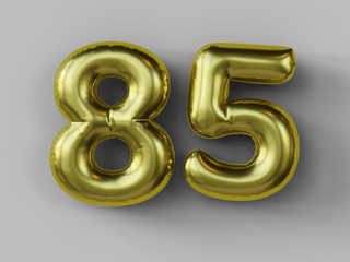 Golden balloon in shape of number 85. isolated. 3d illustration.