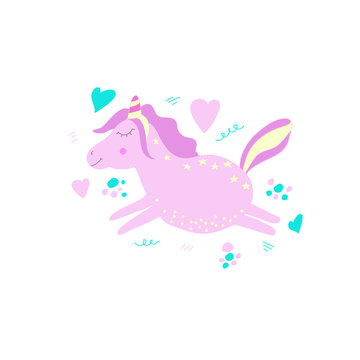 Сute pink girl unicorn cartoon character. Dreamy unicorn in scandinavian style. Painted in bed colors. Illustration for children's clothing and for a children's party.