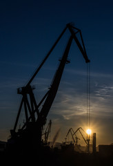 sunset on the background of port cranes