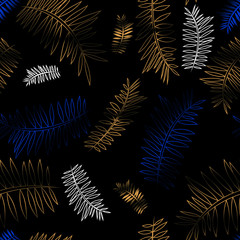Palm branch gold white blue, leaves, for pattern seamless, material, holiday, clothes, paper, wallpaper, textil, black background