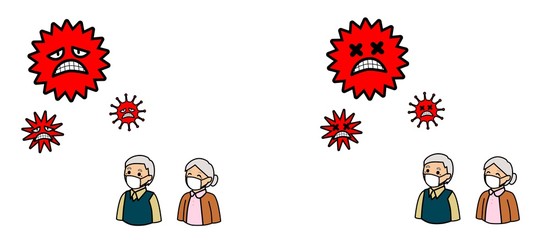  病気の予防のためにマスクをする高齢者とウイルス