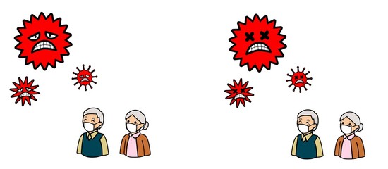  病気の予防のためにマスクをする高齢者とウイルス