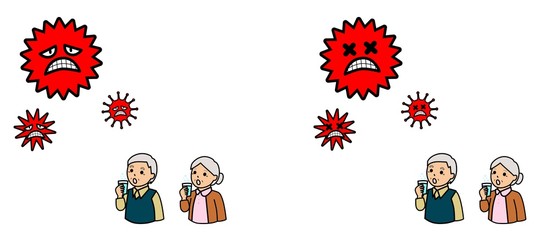  病気の予防のためにうがいをする高齢者とウイルス
