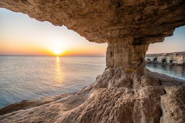 Sea caves in Cape Greko national park near Ayia Napa and Protaras on Cyprus island, Mediterranean Sea