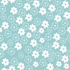 Fototapeta na wymiar Cute Repeat Daisy Wildflower Pattern with blue background. Seamless floral pattern. White Daisy. Stylish repeating texture. Repeating texture. 