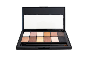 Cosmetic makeup powder set various shades, colors and a brush isolated against white top view