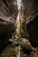 Avakas Gorge in Cyprus. Little river in foreground, sunlit rocks are in background