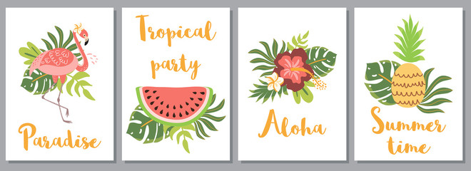 Tropical party invitation printable set. Summer cards, flamingo exotic flowers pineapple watermelon Vector