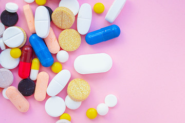 pills, different types of medicine for the disease. background top view. copy space for text