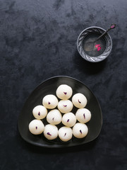 Sponge Rasgulla sweets, famous indian sweet food. Top view