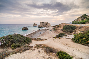 Love beach. Aphrodite's Rock. Aphrodite's birthplace near Paphos City. The rock of the Greek Petra tou Romiou. Cyprus island