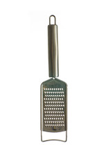 Single small metal food grater close up shot isolated on pure white
