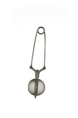 Single small metal tea strainer close up shot isolated on pure white
