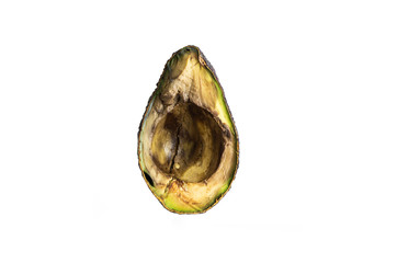 Halved rotten spoiled avocado fruit macro close up shot isolated on pure white